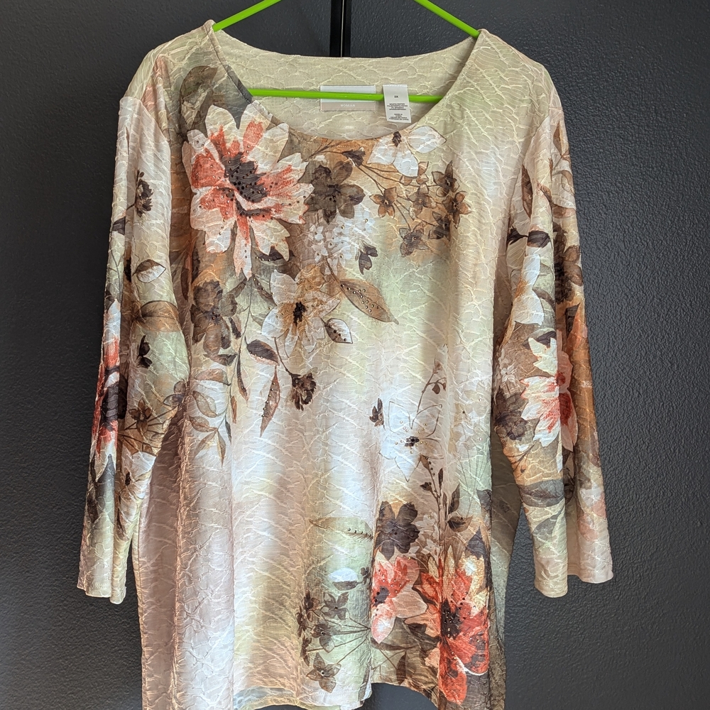 Alfred Dunner Cream Floral 3/4 Sleeve Blouse